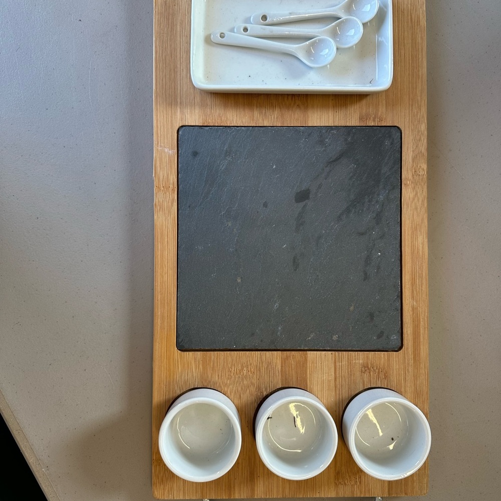 Bamboo Slate Serving Board with White Ceramic Bowls